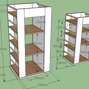 May include: Two white wooden shelves with four shelves each. The shelves are 218 mm, 200 mm, 300 mm, and 300 mm high. The shelves are 336 mm wide and 540 mm deep. The shelves are 995 mm tall and 436 mm wide.