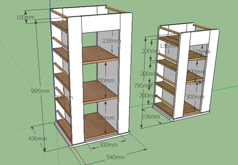 May include: Two white wooden shelves with four shelves each. The shelves are 218 mm, 200 mm, 300 mm, and 300 mm high. The shelves are 336 mm wide and 540 mm deep. The shelves are 995 mm tall and 436 mm wide.