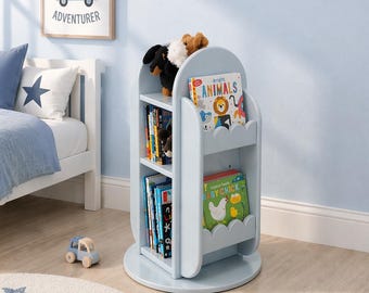 Rotating Scalloped Bookshelf | Montessori Kids Toy Storage | Nursery Furniture (Handcrafted)