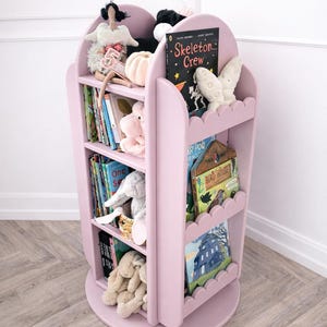 Handcrafted Rotating Scalloped Bookcase | Montessori Kids Toy Storage image 7