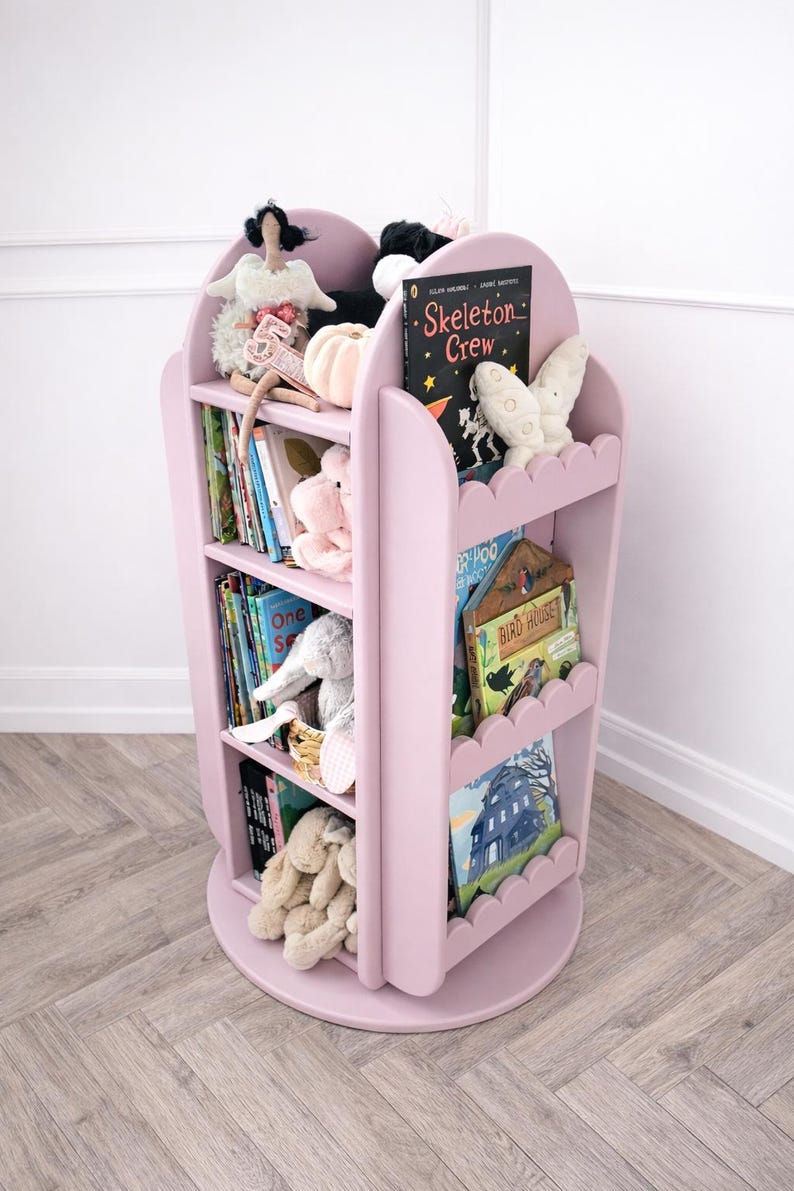 Handcrafted Rotating Scalloped Bookcase | Montessori Kids Toy Storage image 7