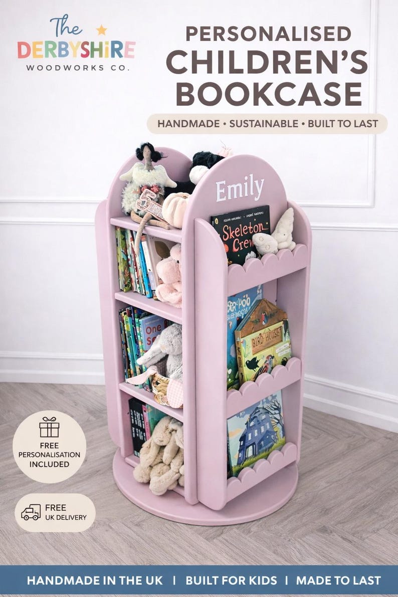 May include: A pink, personalized children's bookcase with the name "Emily" on top. The bookcase is round with scalloped edges and multiple shelves filled with books and stuffed animals. The text "HANDMADE &bull; SUSTAINABLE &bull; BUILT TO LAST" is visible.