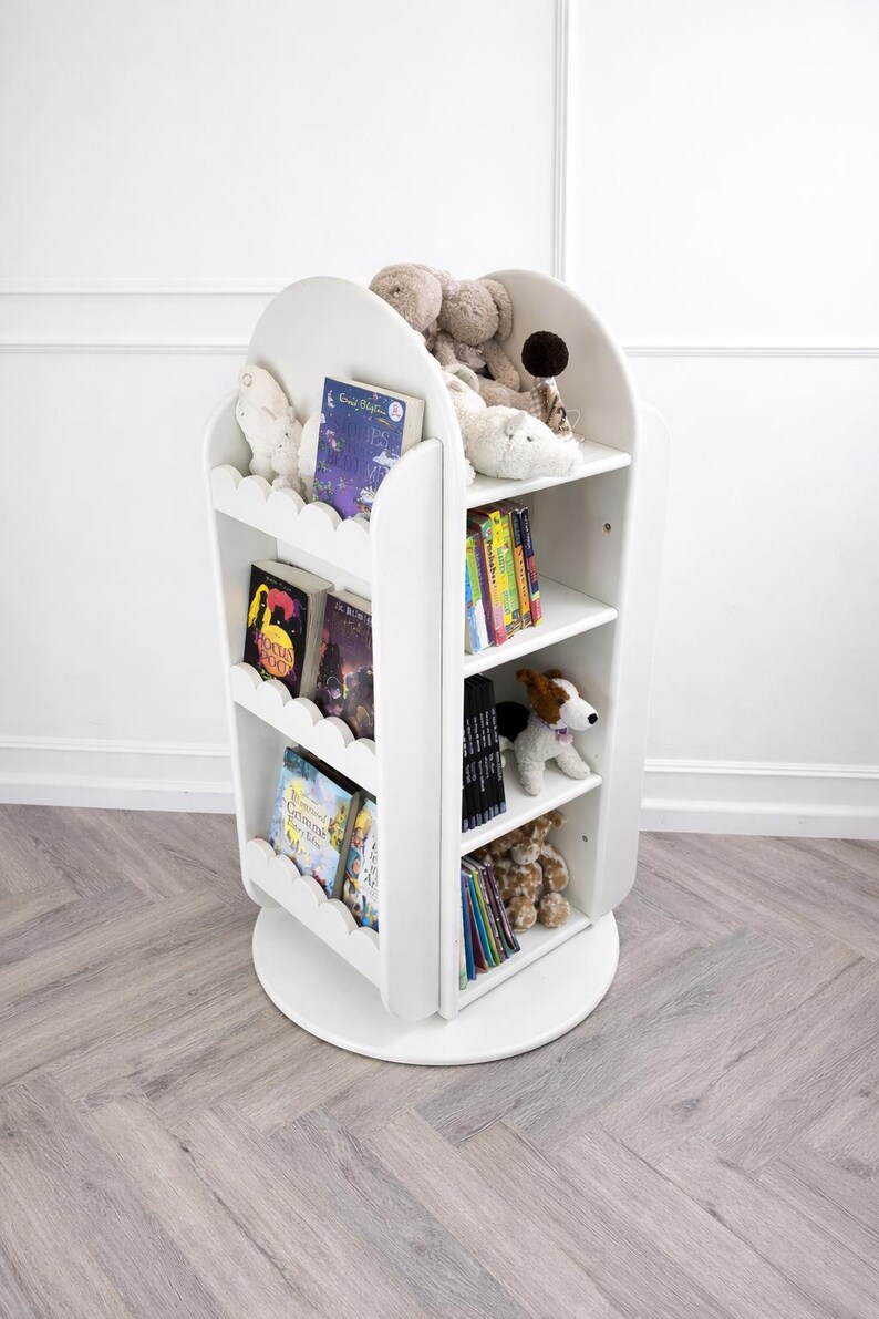 Handcrafted Rotating Scalloped Bookcase | Montessori Kids Toy Storage image 10
