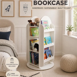 Handcrafted Rotating Scalloped Bookcase | Montessori Kids Toy Storage image 1
