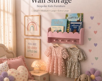 Scalloped Wooden Wall Shelf with Hooks | Kids Book Display Nursery Storage