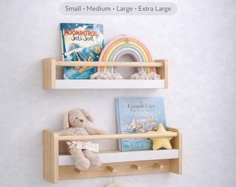 Kids Wall Shelf with Hooks | Wooden Book Ledge, Montessori Storage