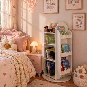 Handcrafted Rotating Scalloped Bookcase | Montessori Kids Toy Storage image 2