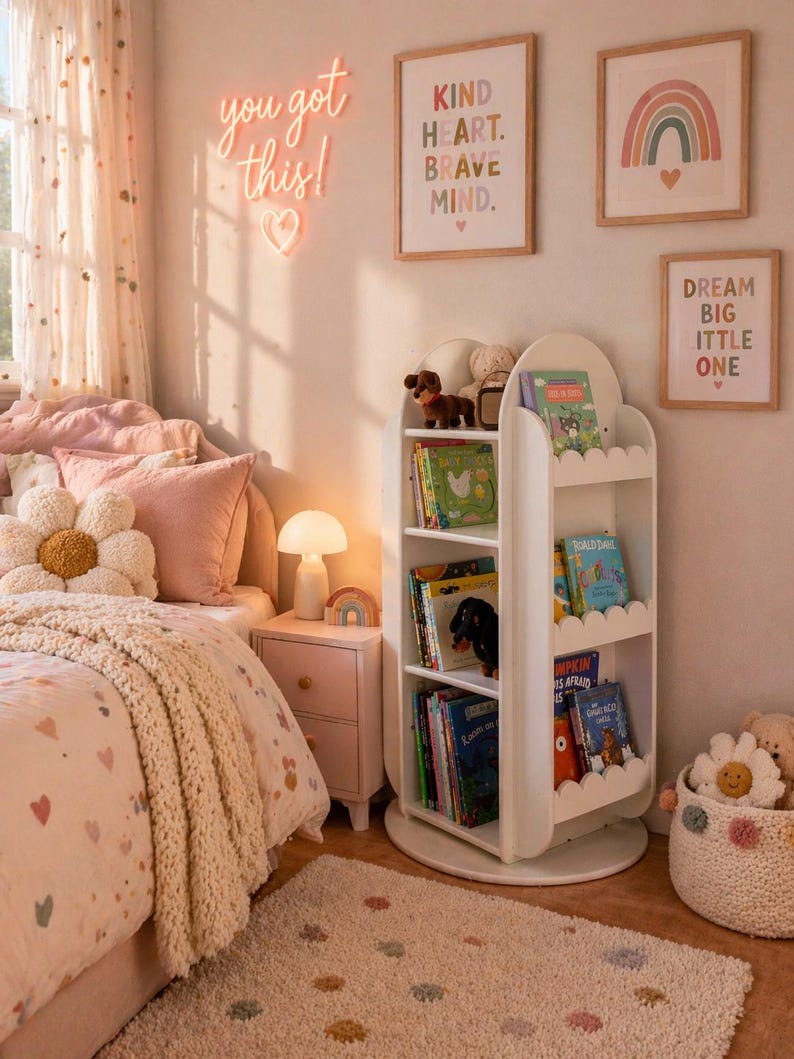 Handcrafted Rotating Scalloped Bookcase | Montessori Kids Toy Storage image 2