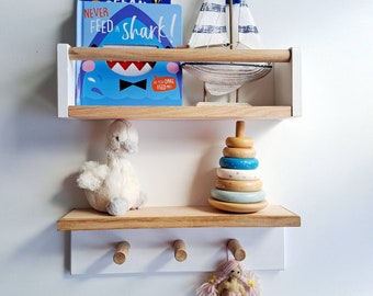 Premium Nursery shelf | book storage | toy shelving | clothes hanger | pegs | Baby room | floating | hardwood | bookshelf | hooks | rail