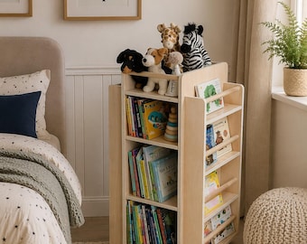 Drehbares Montessori Bücherregal | Nachhaltige Hartholz Kinder Spielzeug Aufbewahrung