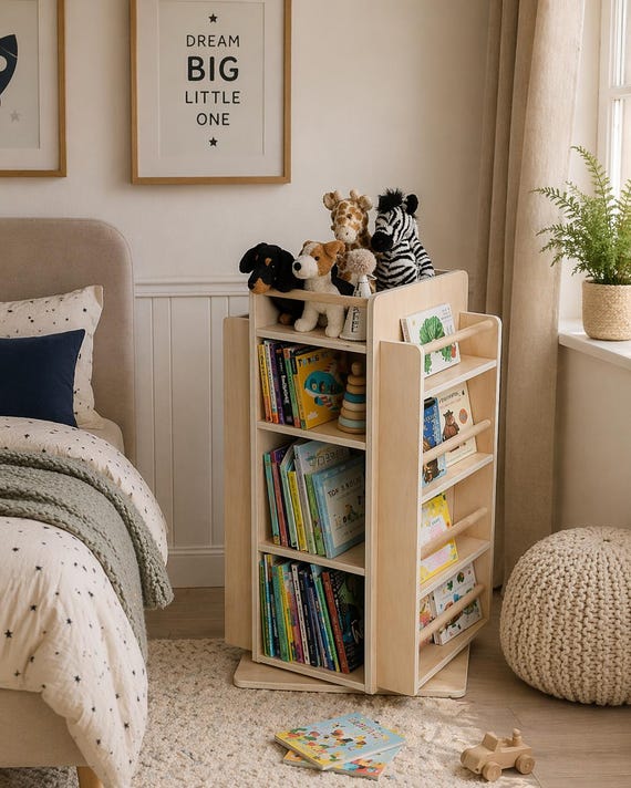 Rotating Montessori Bookshelf | Sustainable Hardwood Kids Toy Storage