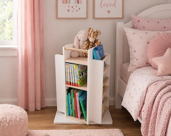 Drehbares Montessori Bücherregal | Nachhaltige Hartholz Kinderzimmer Spielzeug Aufbewahrung