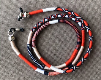 Boho Acrylic Yarn Sunglasses Chain: Orange, White & Navy Eyeglass Holder