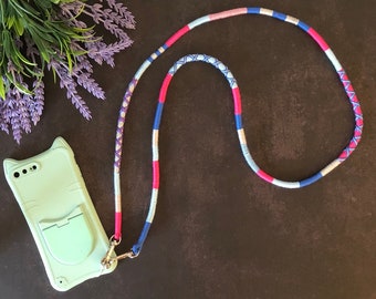 Blue-Pink Wrapped Cord Phone Lanyard: Crossbody Neck Strap