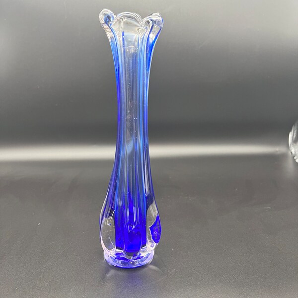 Mid Century Cobalt And Clear Swung Glass Vase