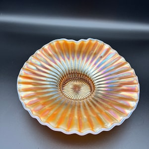 Antique Dugan Ruffled Peach Opalescent Caroline Pattern Dish