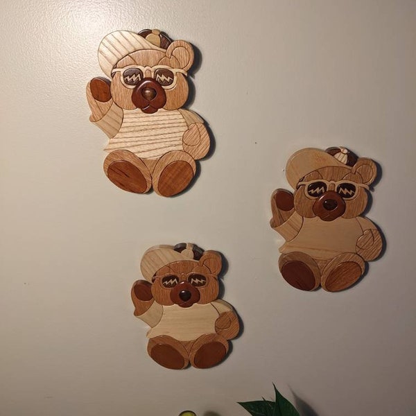 Three Teddy Bear Wood Intarsia Wall Hangings