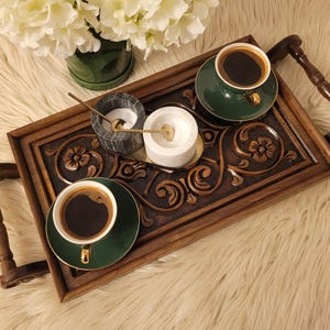 Hand Carved Serving Tray, Ottoman Decorative Walnut Tray, Farmhouse Coffee Serving Tray, Kitchen Tray, Wedding Decor, Valentines Day Gift