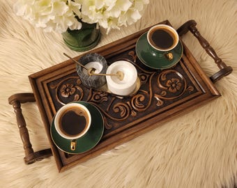 Bandeja de nogal tallada a mano, decoración para mesa de centro otomana