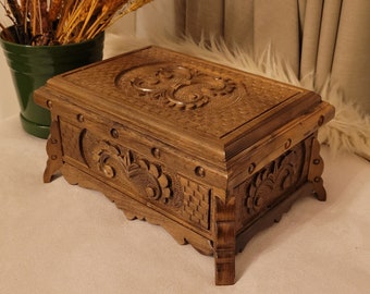 Handmade Walnut Secret Lock Jewelry Box, Carved Wooden Treasure Chest