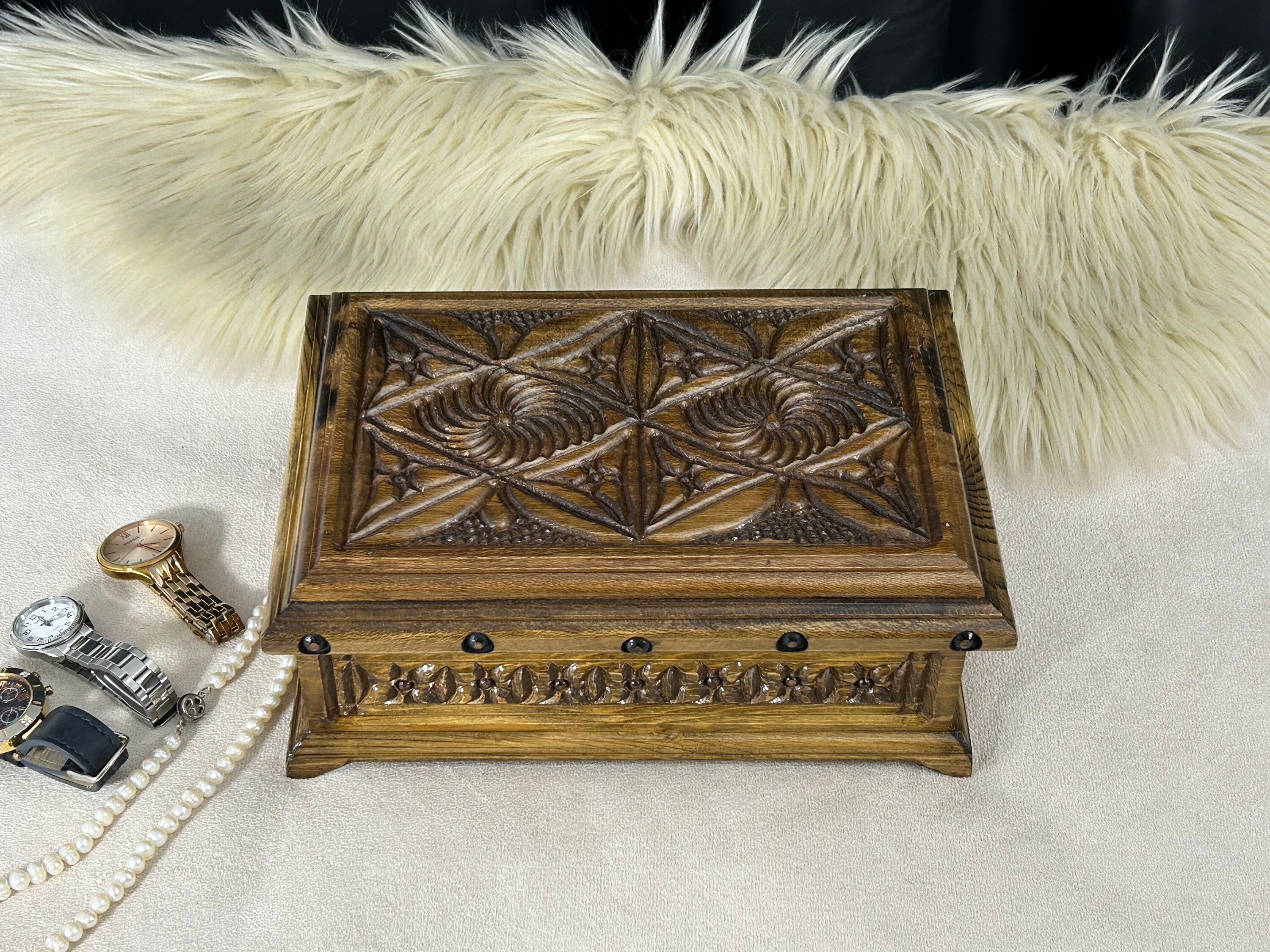 Handmade Secret Lock Wooden Box, Carved Walnut Wood Jewelry Box ...