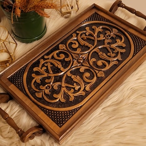 Hand Carved Serving Tray, Ottoman Decorative Walnut Tray, Farmhouse Coffee Serving Tray, Kitchen Tray, Wedding Decor, Mothers Day Gift