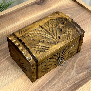 Handmade Wooden Jewelry Box With Key, Hand Carved Walnut Chest, Vintage Decorative Box, Small Treasure Chest, Unique Valentines Day Gift