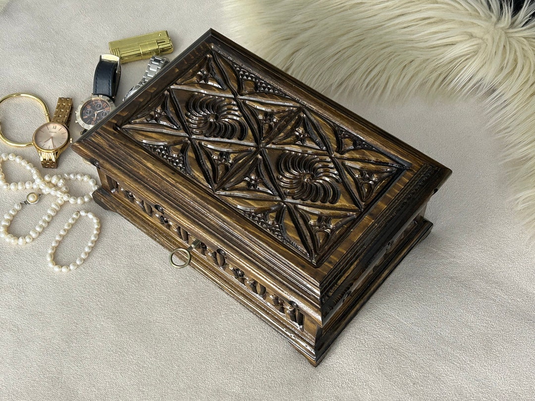 Handmade Wood Jewelry Box, Vintage Keepsake Box, Treasure Chest With ...