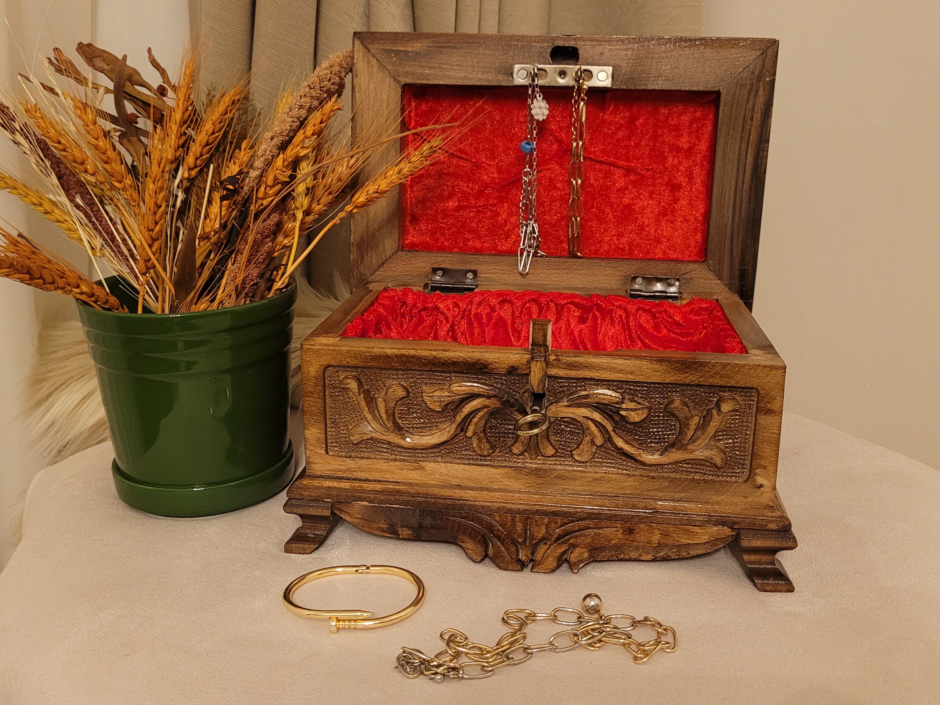 Secret Lock Jewelry Box With Key, Carved Walnut Storage Chest, Bedroom