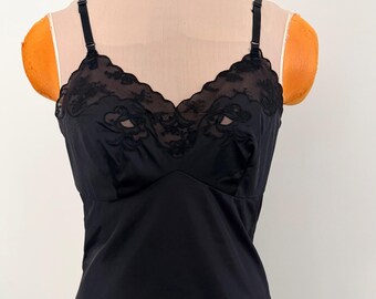 Vintage 1970s Carol Anne Black Nylon Mini Slip Dress with Sheer Floral Lace Cutouts | Whimsigoth Coquette Boudoir Goth Chemise, Size 32 / XS