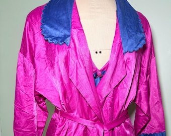 Vintage 80s Barbizon Cuddleskin Moire Satin Lingerie Set - Scalloped Colorblock Robe & Nightgown Slip Set, Blue Fuchsia Magenta, Size S M