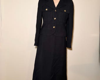 Vintage 70s Black Wool Crepe Skirt Suit Set | 1970s Military Utility Blazer & Midi Skirt | Gold Art Deco Sunburst Buttons | Size 4 Small