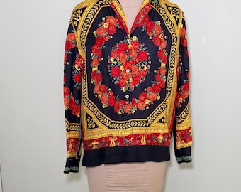 Vintage Daniel de la Forêt Silk Scarf Blouse Bomber | Late 1980s Italian Luxury | Baroque Folk Opulence Maximalist Chic Size 46 / M-L