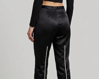 Vintage Versace Jeans Couture Black Satin Pants | Y2K Rhinestone Crystal Stripe Capris | 90s Designer Cropped Trousers Italian 42 US 4 6