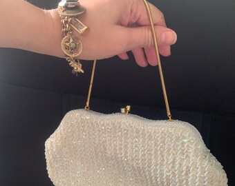 Vintage 1960s Beaded and Sequined Evening Bag | Hand Made in Crown Colony of Hong Kong | Ivory Formal Clutch