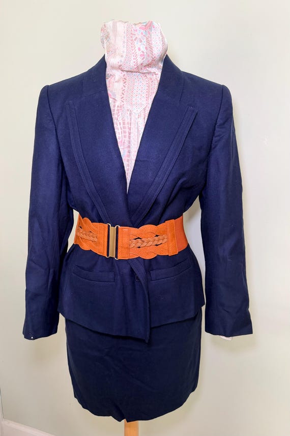 Saint Laurent, Rare Authentic Vintage 1980s Yves Saint Laurent YSL Tailored Wool Power Skirt Suit | Dark Navy | Sz M