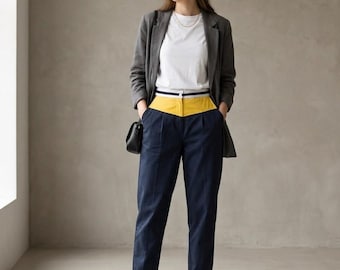 Vintage 80s Alberta Ferretti Studio Colorblock Trousers | High Waisted Tapered Navy & Yellow Italian Designer Pants | Size Medium (IT 46)