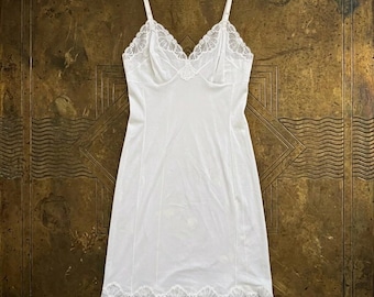 Vintage 1960s Emilio Pucci for Formfit Rogers Full Slip | Archival White Nylon Tricot Chemise Lingerie | Fan Geometric Scalloped Lace | M/L