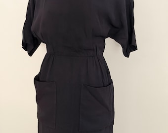 Vintage 1950s Larry Aldrich Black Crepe Cocktail Dress | Architectural Patch Pockets & Dolman Sleeves | Mid Century Designer Fashion Godey S