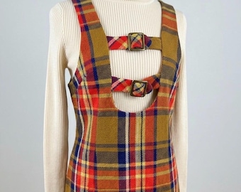 Vintage 1960s Garland Plaid Jumper Go Go Dress | Rare Mod Open Front Buckle Pinafore Tartan Layering Mini Dress | Size S-M
