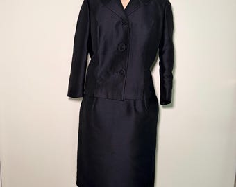 Vintage 1950s Black Faille Suit Set Size M | Mid Century Tailored Jacket with Bullion Knot Buttons & Pencil Skirt | ILGWU Union Label Luxury