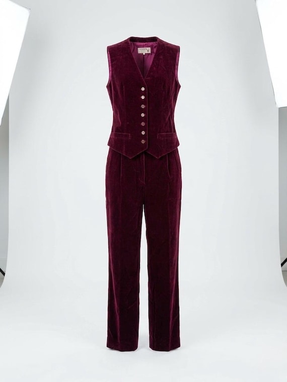 Valentino Boutique / Miss V, Archival VALENTINO BOUTIQUE Velvet Vest & Pants Suit Set | Vintage 70s 80s French-Made Jewel Tone Burgundy Tailored Trousers Vest | XS/S