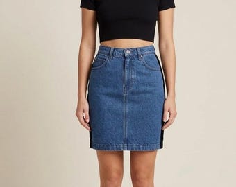 Vintage 90s Fendi Jeans Denim Skirt with Velvet Side Stripe | Authentic Made in Italy Blue Denim Mini Pencil Skirt | Size XS/S