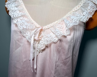 Vintage Alice Maloof Nightgown | Pale Pink Satin Maxi Slip Dress with Cream Lace Trim & Bow Accent | Made in USA | Size Small
