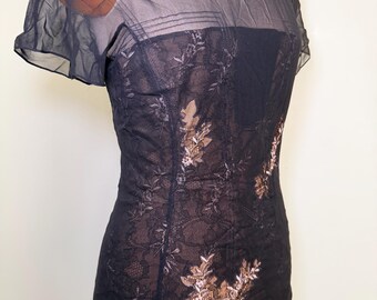 Archival 90s Richard Tyler Couture Lace Evening Gown | Sheer Silk Chiffon Illusion Neckline, Structured Torso & High Slit Column Embroidered