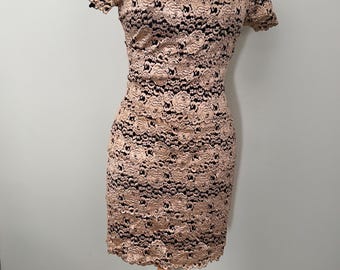 Vintage Eletra Casadei Metallic Gold Lace Dress // 80s 90s Sheer Black & Gold Bodycon Wiggle Dress, Wide Square Neck, Deep Scoop Back, L/XL