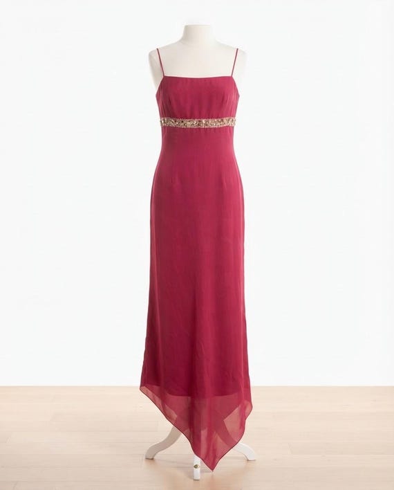 Gianfranco Ferré, NWT 90s Gianfranco Ferre Asymmetrical Silk Dress / Vintage Deadstock Red Wine Plum Beaded Empire Waist Formal Gown / Made in Italy / Size M
