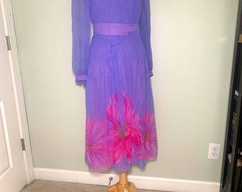 Vintage 1970s Fine Feathers Chapel Hill Chiffon Maxi Dress with Matching Sash | Accordion Pleated Drop Waist Bishop Sleeve Floral | Sz. S