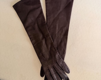 Vintage Italian Dark Brown Leather Opera Gloves, 100% Silk Lined Long Elbow Length Designer, Size 7, Made in Italy, Classiques Macy's