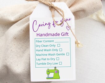 Printable Gift Tags for HANDMADE Items with Fabric Care Instructions, Hand Sewn Quilted Gift Label or Hangtag for Christmas Presents